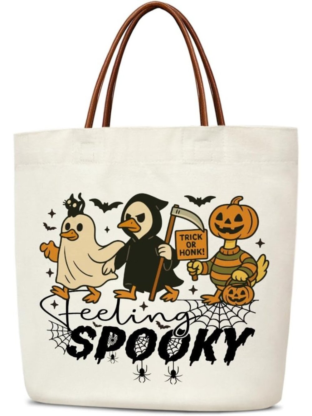 〽️Women's Cream Spooky Halloween Reusable Leather Handles Grocery Tote Gift Bag